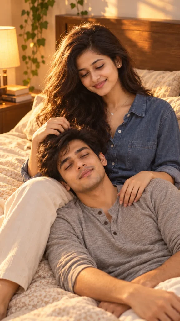 Bedroom Couple Portrait Prompt in Golden Hour Light
