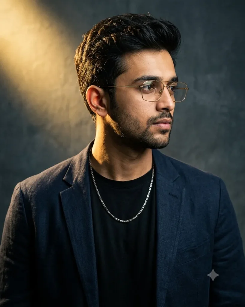 Editorial Man Portrait Prompt in Navy Blazer and Warm Light