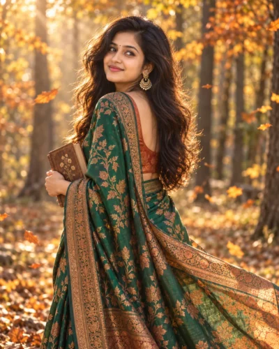 Green Saree AI Prompt for Autumn Woodland Portrait