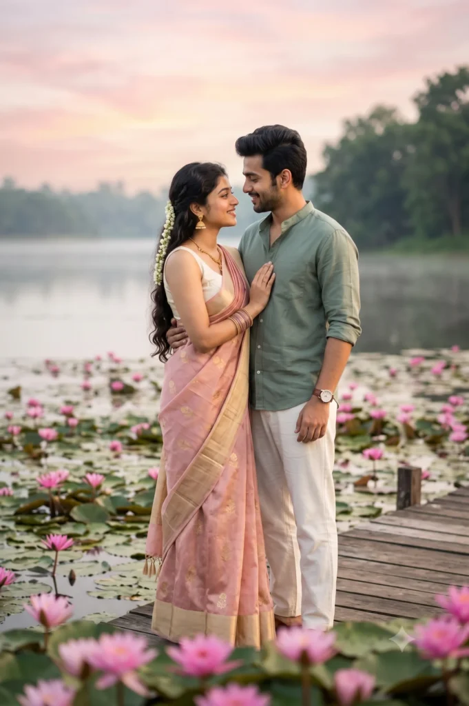 Sunrise Couple Portrait Prompt for Cinematic Lake Pier