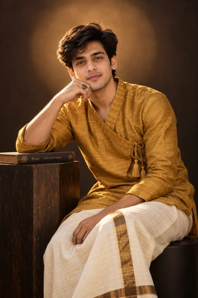 Men’s Angrakha Kurta Portrait Prompt for Warm Studio Photos