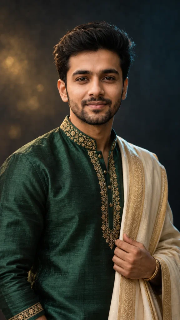 Men’s Emerald Kurta Portrait Prompt for Moody Studio Photos