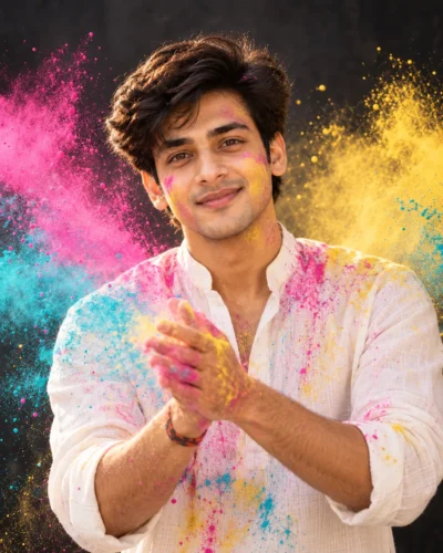 Dynamic Holi Prompt for Men with Studio Powder Splash