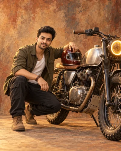 Scrambler Motorcycle Portrait Prompt for Men in Studio