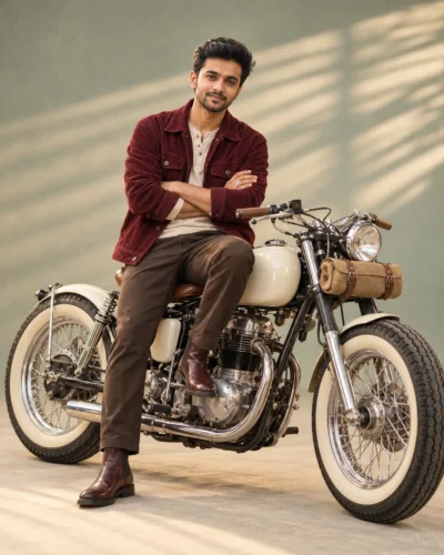 Bobber Motorcycle Portrait Prompt for Men in Studio