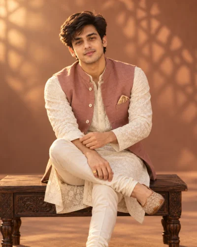 Men’s Chikankari Kurta Portrait Prompt for Warm Studio Photos