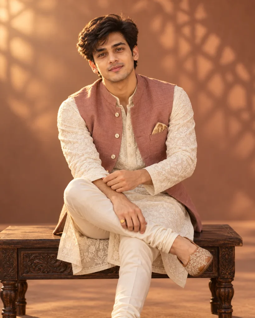 Men’s Chikankari Kurta Portrait Prompt for Warm Studio Photos
