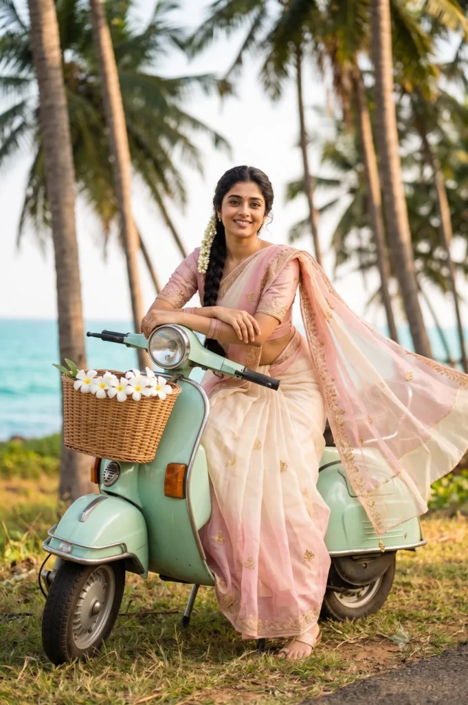 Pastel Saree Portrait Prompt with Coastal Scooter