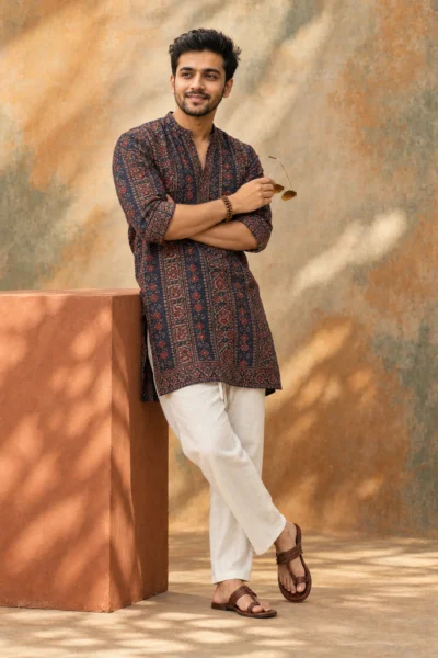 AI-generated image: Men’s Ajrakh Kurta Portrait Prompt for Studio Photos