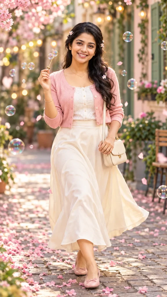 Pastel Pink Portrait Prompt with Floating Bubbles