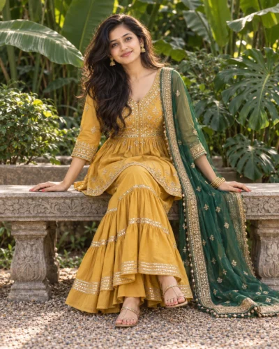 Sharara Suit Portrait Prompt for Garden Catalog Shoots