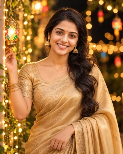 Gold Satin Saree Portrait with Fairy Lights