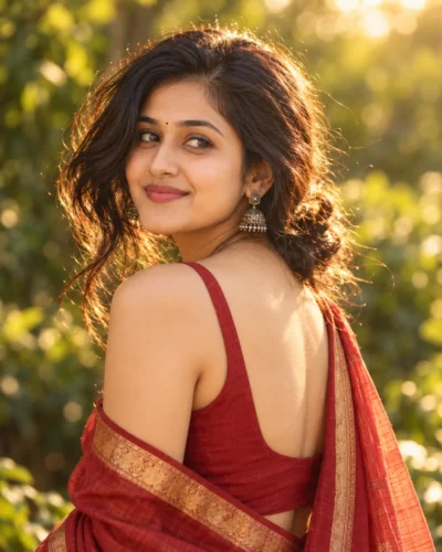 Red Saree Portrait Prompt in Golden Hour Light
