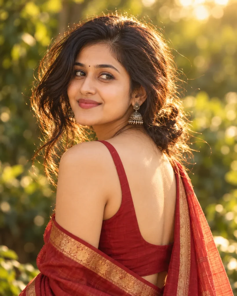Red Saree Portrait Prompt in Golden Hour Light