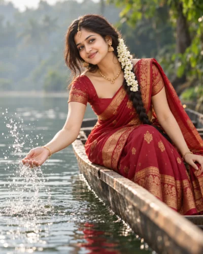 Backwater Saree Portrait Prompt for Cultural Canoe Shoots