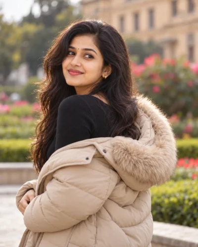 AI-generated image: Beige Puffer Jacket Portrait Prompt for Winter Garden Photos
