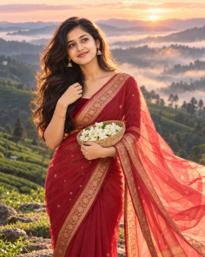 Crimson Saree Portrait Prompt for Mountain Sunrise Shoots