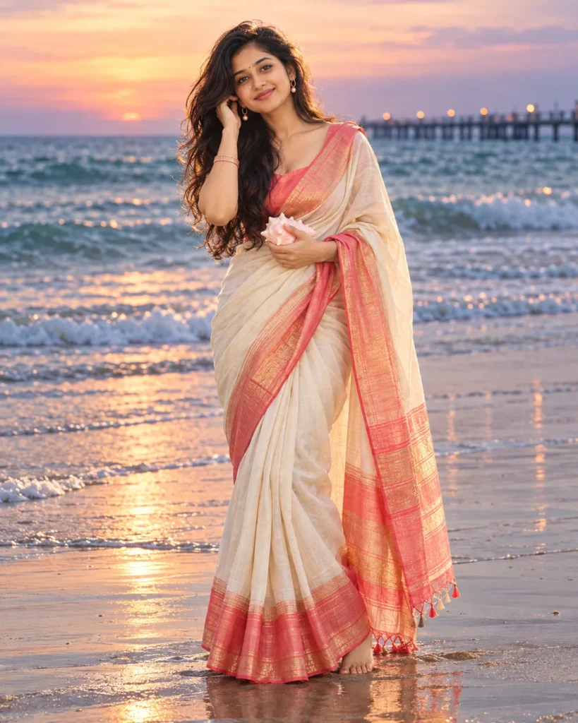 Beach Saree Portrait Prompt at Early Dusk Shoreline