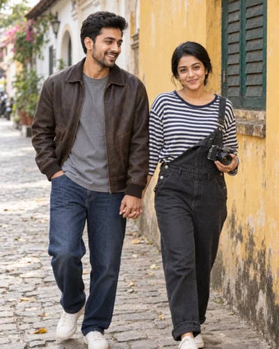 Walking Couple Portrait Prompt with Direct Fill Flash