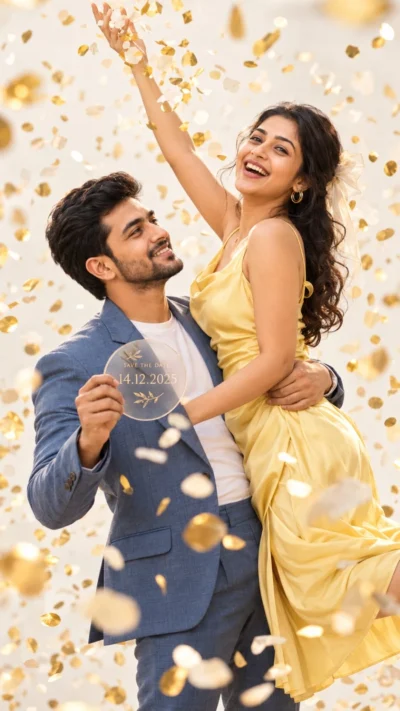 Joyful Confetti Couple Prompt for Engagement Photos