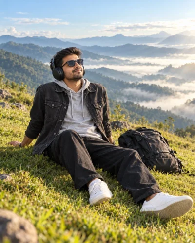 AI-generated image: Mountain Valley Portrait Prompt with Denim Jacket