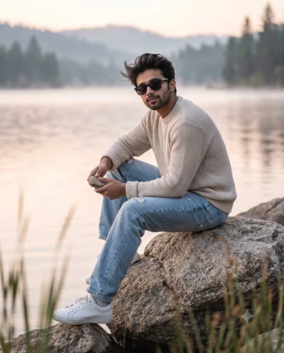 Lakeside Sweater Portrait Prompt with Granite Boulder