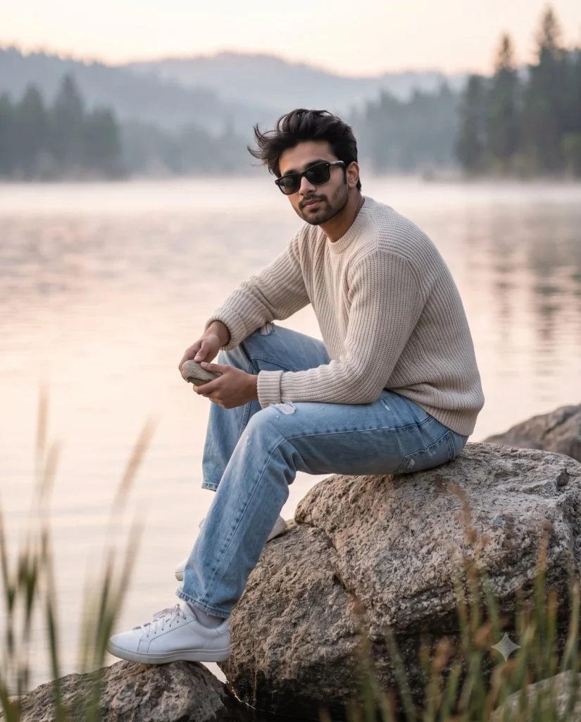 Lakeside Sweater Portrait Prompt with Granite Boulder