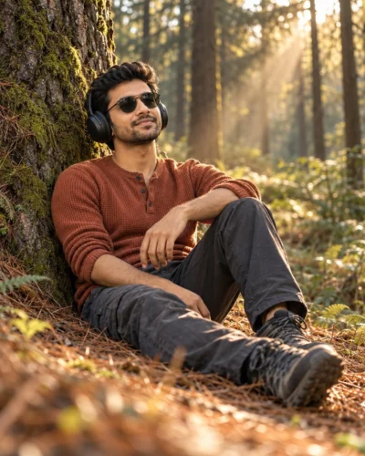 AI-generated image: Pine Forest Henley Prompt with Sunbeams and Headphones