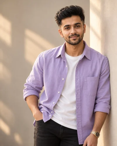 AI-generated image: Lavender Shirt Portrait Prompt for Natural Casual Photos