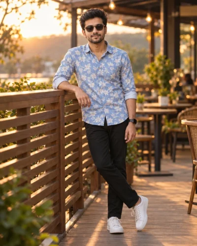 AI-generated image: Casual Cafe Portrait AI Prompt in Golden Hour