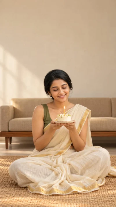 AI-generated image: Kasavu Saree Birthday Prompt for Minimalist Portrait