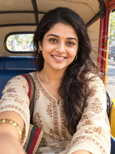Auto Rickshaw Selfie Prompt in Traditional Cream Kurta