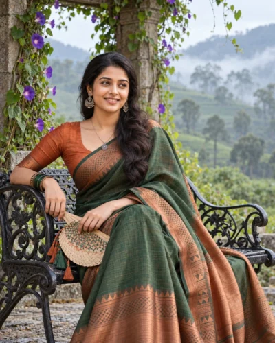 AI-generated image: Tussar Silk Saree Prompt with Garden Bench