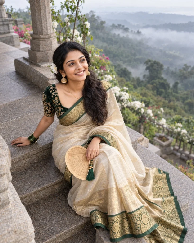 Ivory Silk Saree Prompt with Mist and Stone Steps