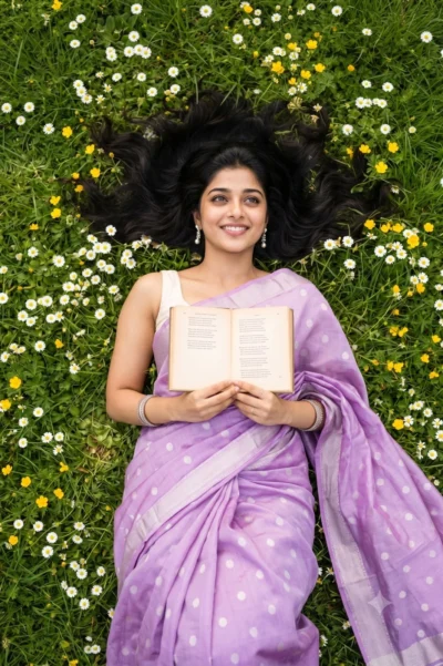 Lavender Silk Saree Prompt with Wildflower Meadow