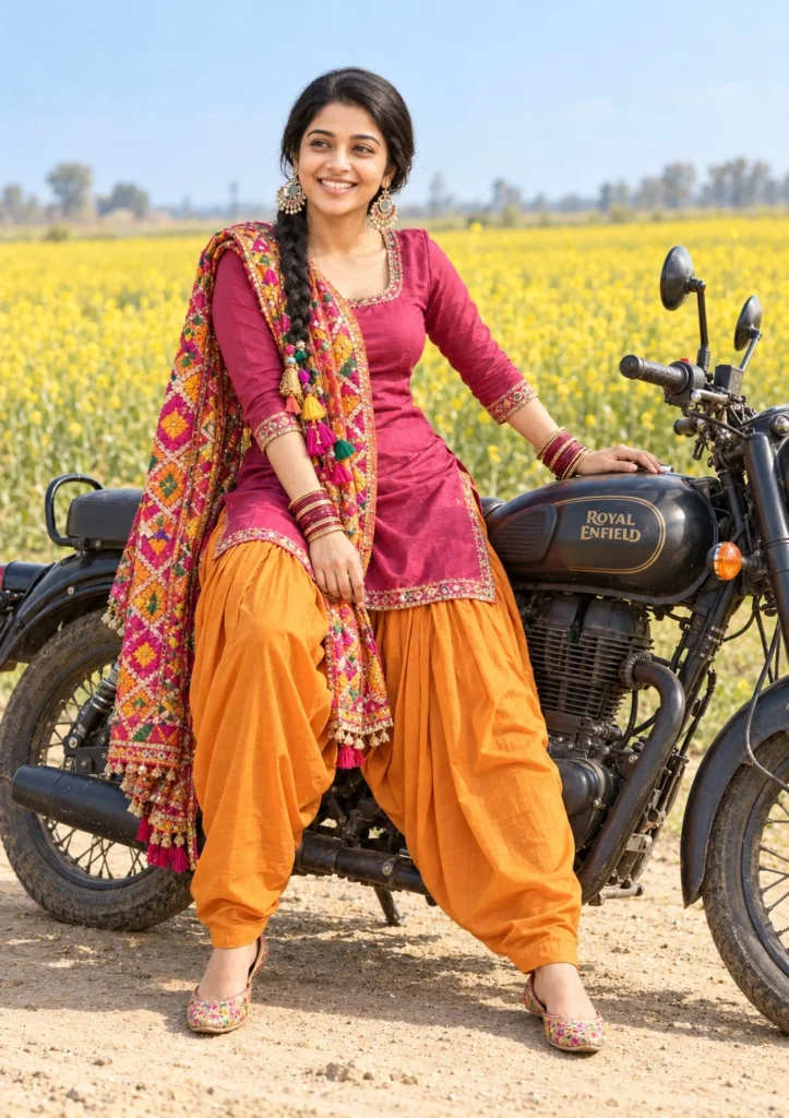 Patiala Suit Motorcycle Portrait Prompt for Festive Photos