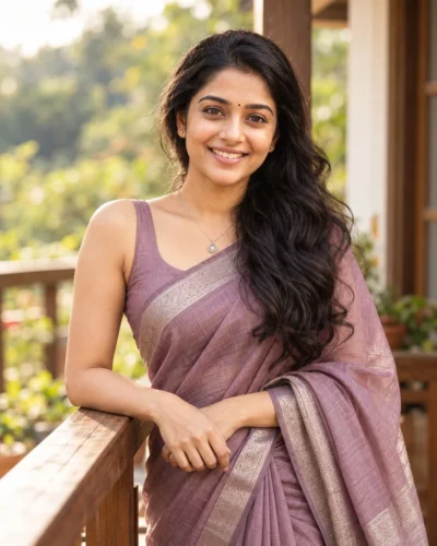 AI-generated image: Balcony Silk Saree Portrait Prompt for Soft Daylight