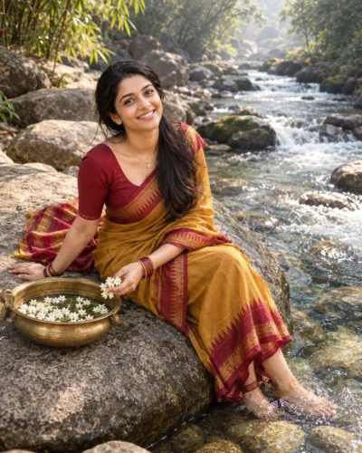 AI-generated image: Forest River Saree Prompt with Jasmine Blossoms