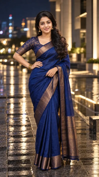 AI-generated image: Night Fashion Editorial Royal Blue Saree Prompt