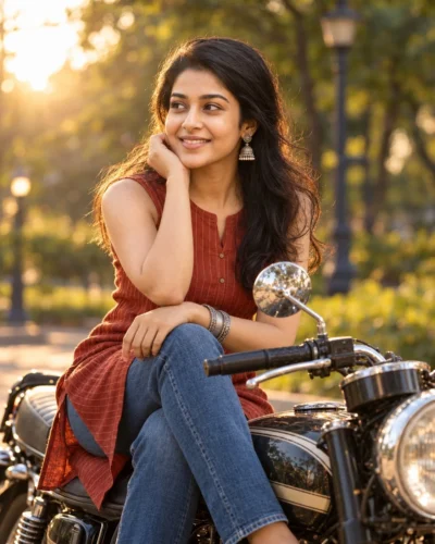 AI-generated image: Vintage Motorcycle Portrait Prompt in Golden Hour Park