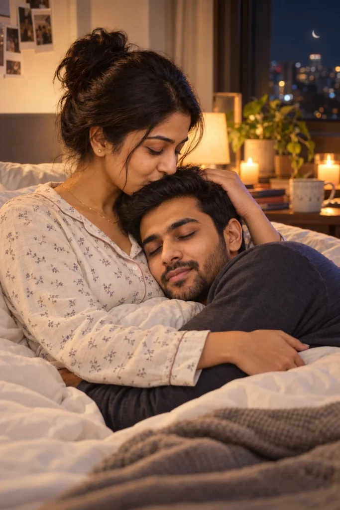 Nighttime Bedroom Couple Prompt for Cozy Portrait Photos