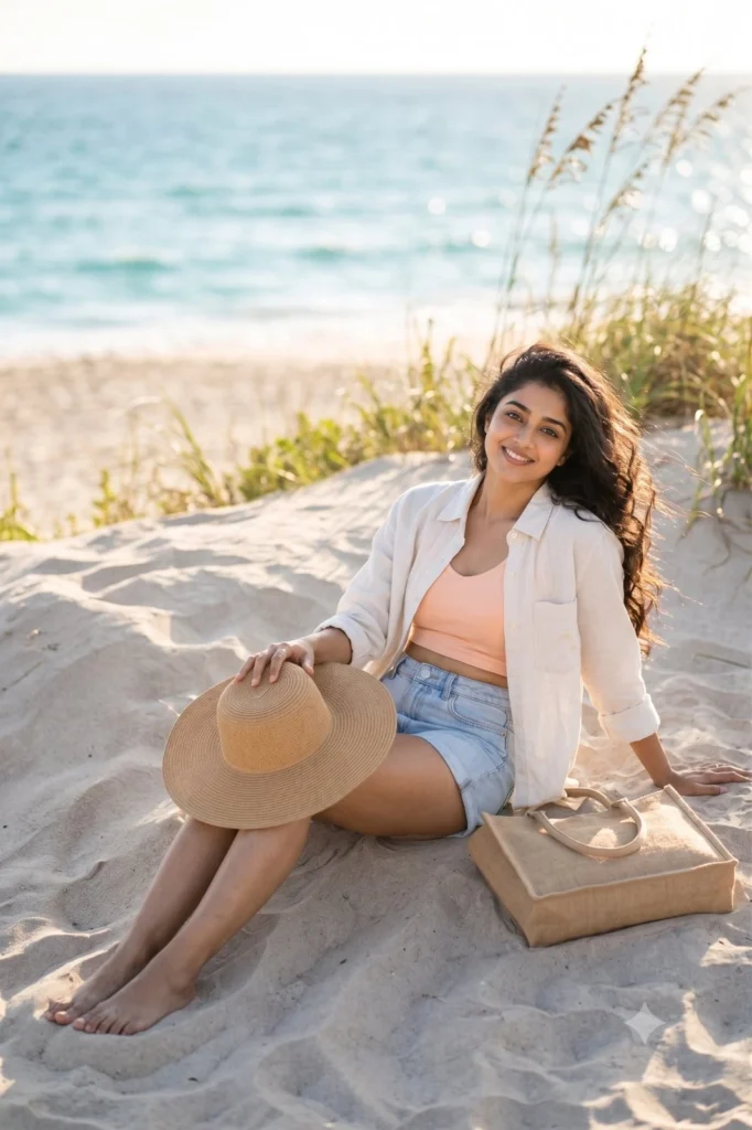 Coastal Sand Dune Prompt with Sunhat and Linen Shirt